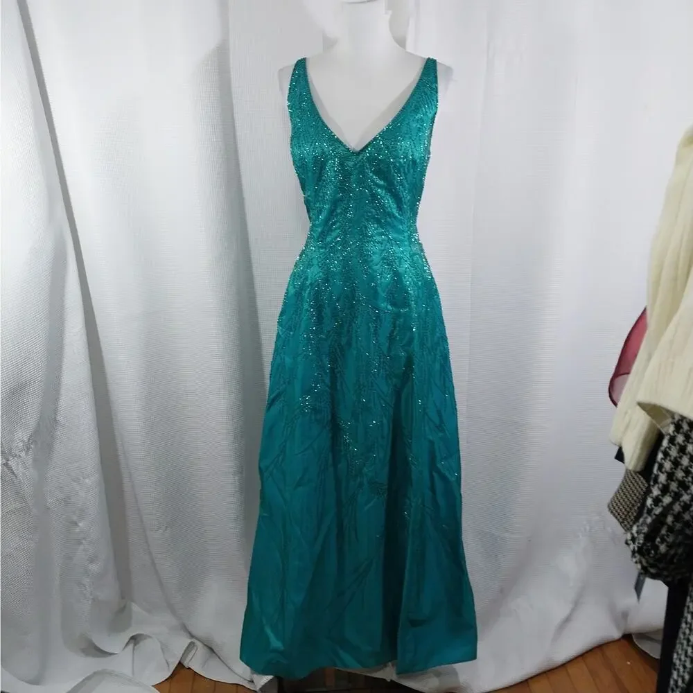 LEGENDS! TURQUOISE BLUE/GREEN IRIDESCENT MAGNIFICENTLY BEADED GOWN, DRESS! SZ 16 - Picture 2 of 11